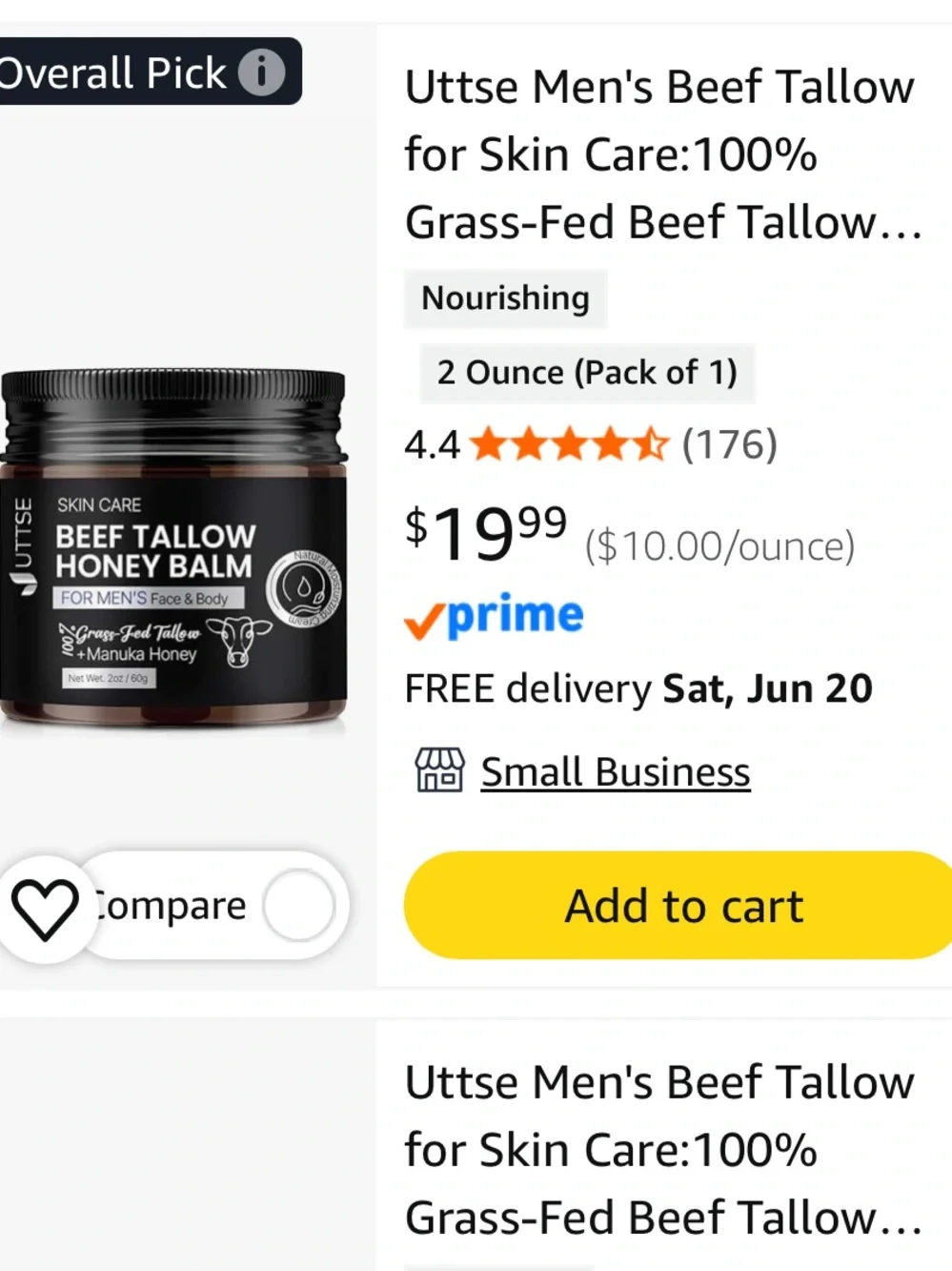 Set of two NWOT Uttse Mens’ Beef Tallow Honey Balm (for face & body)